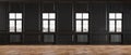 Black classic loft room interior with wall panel and windows.