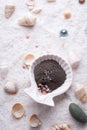 Black clay around marine salt and shells background. Healthy concept. flat lay