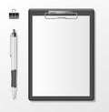 Black clipboard with blank white paper sheet and pen isolated on white. Business stationery template. Realistic