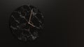 Black clock hanging on black concrete wall In a room with little light. The incoming light makes visible the rough surface of the