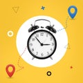 Black clock between two location pins on a line path on yellow background Royalty Free Stock Photo