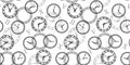 Seamless pattern with black clocks on a white background with gray watch dials and Roman numerals