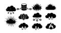 Black cloud computing icons set with data upload download fire and protection symbols in simple vector design Royalty Free Stock Photo