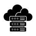 Black cloud icon above stack of three server racks with white circular lights and square indicators cloud computing Royalty Free Stock Photo