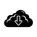 Black cloud icon with a downward arrow, symbolizing data download and cloud storage, perfect for technology and internet concepts, Royalty Free Stock Photo