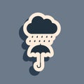 Black Cloud with rain drop on umbrella icon isolated on grey background. Long shadow style. Vector Royalty Free Stock Photo