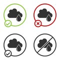 Black Cloud with rain icon isolated on white background. Rain cloud precipitation with rain drops. Circle button. Vector Royalty Free Stock Photo
