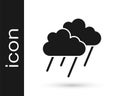 Black Cloud with rain icon isolated on white background. Rain cloud precipitation with rain drops. Vector