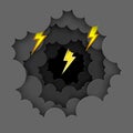 Black cloud and yellow lightning paper art background. Thunder storm effects flash. Vector illustration of cloudscape Royalty Free Stock Photo