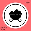 Black Coal mine trolley icon isolated on red background. Factory coal mine trolley. White circle button. Vector