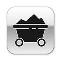 Black Coal mine trolley icon isolated on white background. Factory coal mine trolley. Silver square button. Vector Royalty Free Stock Photo