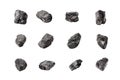 Black coal stones set on white background isolated close up, natural charcoal pieces collection, anthracite rock texture, raw coal Royalty Free Stock Photo