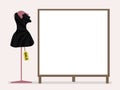 Black cocktail dress on a pink mannequin and tag sale next to a blank placard for inscriptions on a pale pink background illustrat