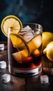 Black cocktail with ice cubes, cola and lemon slices in a glass. Indoors in a photo studio on a table Royalty Free Stock Photo