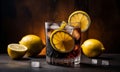 Black cocktail with ice cubes, cola and lemon slices in a glass. Indoors in a photo studio on a table Royalty Free Stock Photo