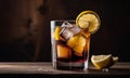 Black cocktail with ice cubes, cola and lemon slices in a glass. Indoors in a photo studio on a table Royalty Free Stock Photo