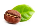 Black coffee bean, grain with leaf Royalty Free Stock Photo