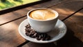 Black coffee bean, white round shape coffee cup on old wooden table top view. lifestyle concept Royalty Free Stock Photo