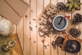 Black coffee and coffee beans with compass, map world on the table wooden background. concept Travel Royalty Free Stock Photo