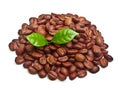 Black coffee beans, grain with leaf Royalty Free Stock Photo