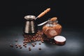 black coffee, beans, instant fast on a background, with the Turks for brewing and the glass jar of quickly Royalty Free Stock Photo