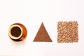 Black coffee, in a brown ceramic cup in a vintage Scandinavian style. Circle, square, triangle. Roasted and ground coffee beans.