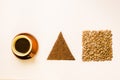 Black coffee, in a brown ceramic cup in a vintage Scandinavian style. Circle, square, triangle. Roasted and ground coffee beans.
