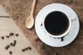 Black coffee and bubble in white coffee cup and saucer with spoon on wooden background.top view,flat lay,top down.selective focus Royalty Free Stock Photo