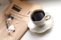 Black Coffee, Business Newspaper and Glasses Royalty Free Stock Photo