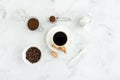 Black Coffee, Cantucci, Cup, Sugar, Ground Coffee and Beans Royalty Free Stock Photo