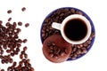 Black coffee and chocolate cake and coffee beans on a white background isolated top view Royalty Free Stock Photo
