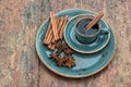 Black coffee with cinnamon and star anise spices. Vintage still Royalty Free Stock Photo