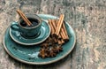 Black coffee with cinnamon and star anise. Vintage style Royalty Free Stock Photo