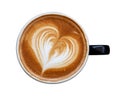 Black coffee cup of art latte with froth heart shaped isolated on white background. Top view Royalty Free Stock Photo