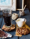 Black coffee cup with biscuits and chocolate Royalty Free Stock Photo