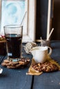 Black coffee cup with biscuits and chocolate Royalty Free Stock Photo