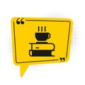 Black Coffee cup and book icon isolated on white background. Tea cup. Hot drink coffee. Yellow speech bubble symbol Royalty Free Stock Photo