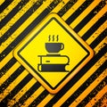 Black Coffee cup and book icon isolated on yellow background. Tea cup. Hot drink coffee. Warning sign. Vector Royalty Free Stock Photo