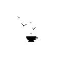 Black coffee cup coffee with birds flying out. creative breakfast sign isolated on whte Royalty Free Stock Photo