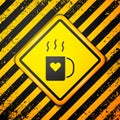 Black Coffee cup and heart icon isolated on yellow background. Couple coffee for lovers on Valentines Day. Warning sign Royalty Free Stock Photo