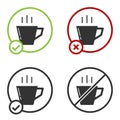 Black Coffee cup icon isolated on white background. Tea cup. Hot drink coffee. Circle button. Vector Illustration Royalty Free Stock Photo