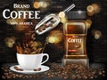 Black coffee cup with splash and beans ads. 3d illustration of hot coffee mug. Product retro design with bokeh and brick