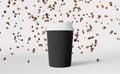 Black coffee cup white lid falling beans 3D rendering. Coffee shop discount demonstration delivery Hot drink sale banner
