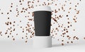 Black coffee cup white lid falling beans 3D rendering. Coffee shop discount demonstration podium. Hot drink sale banner