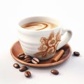 Black coffee with foam in a white ceramic mug and natural coffee beans on a white background Royalty Free Stock Photo