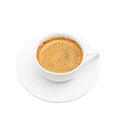 Black coffee with foam in a white cup on plate, isolated at white background Royalty Free Stock Photo