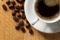 Black coffee with froth on wooden table