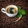 Black coffee green leaves caffee beans background vintage Royalty Free Stock Photo