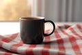 Black coffee mug mockup on the linen napkin Royalty Free Stock Photo