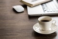 Black coffee on the office desk table with computer, silver pen. Royalty Free Stock Photo